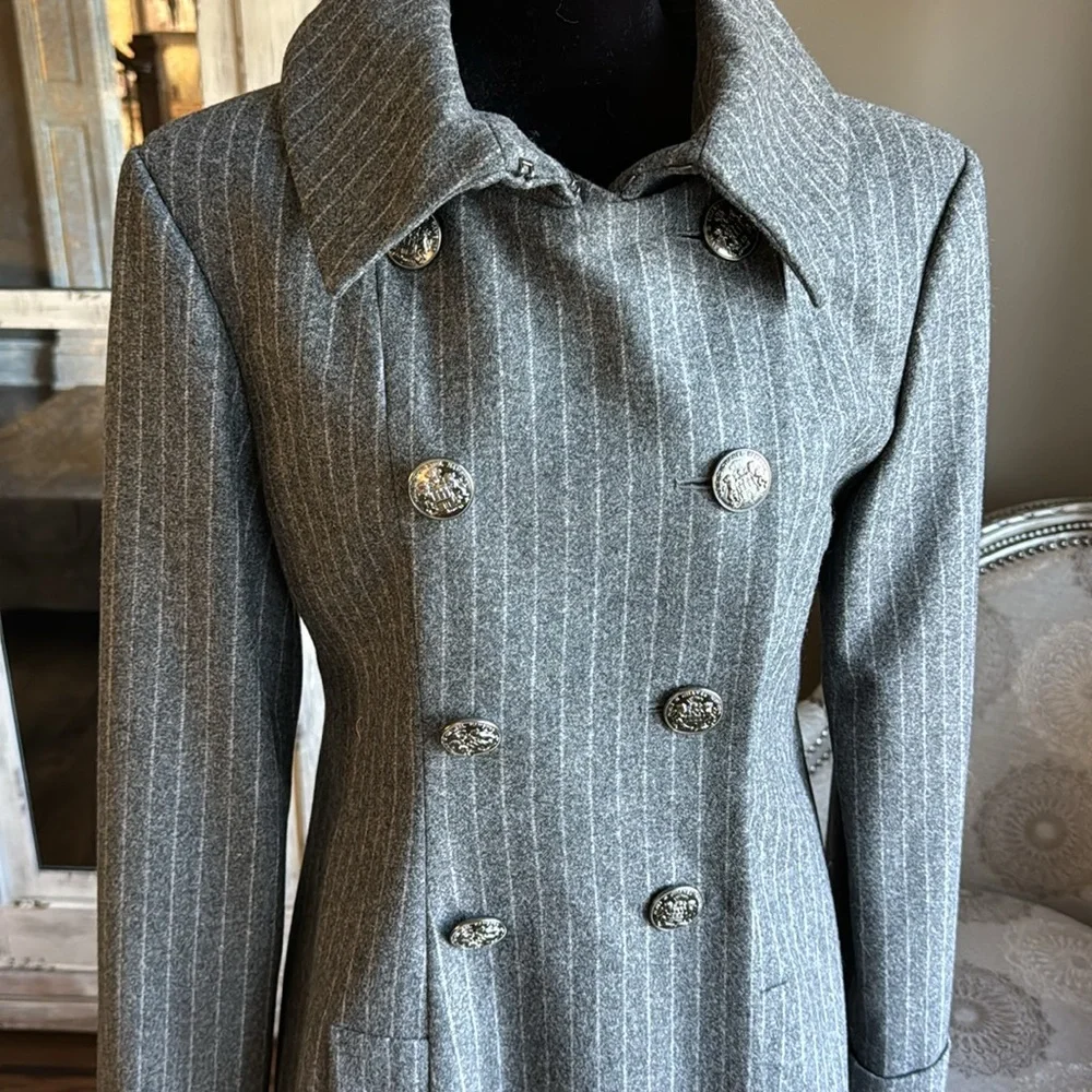 Chanel gray pinstripe wool coat jacket double breasted Hamburg trench gray sz 38
